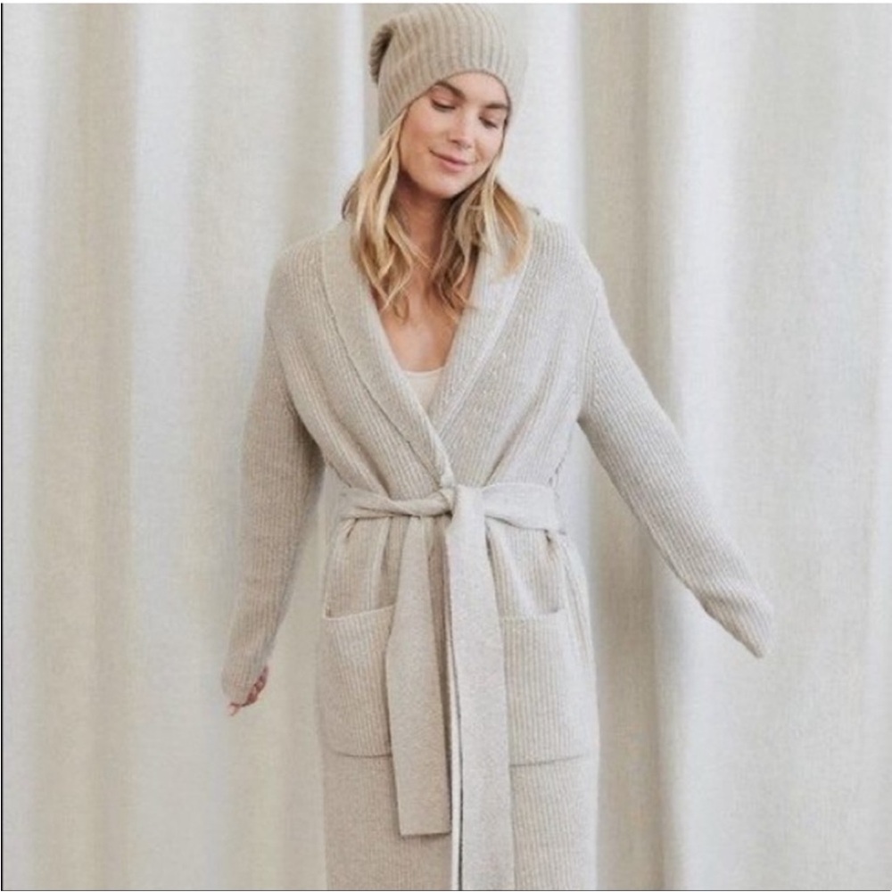 Jenni Kayne Cashmere Oatmeal Fisherman Knit Wrap Cardigan Sweater Coatigan XS
